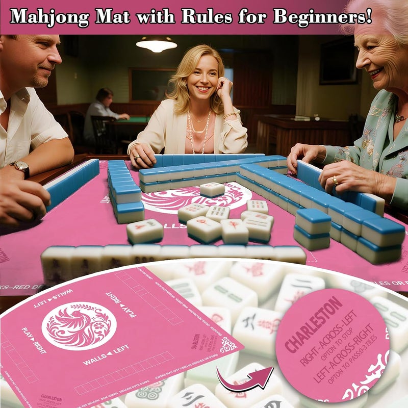 Maxsolve Store Mahjong Mat, 31.5" x 31.5" Neoprene Mahjong Table Mat with Rules, Anti Slip & Noise Reduction Gaming Mat for Poker, Card, Dominoes, Board & Tile Games, Mahjong Gift with Carrying Bag - Pink - Image 3